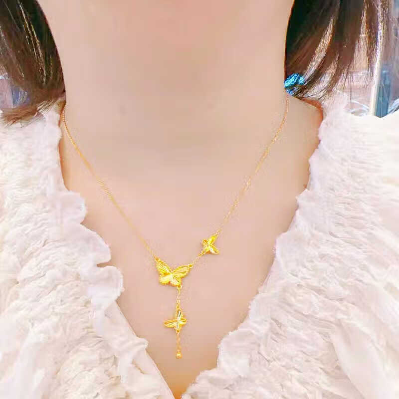 泽彩18k金项链蝴蝶流苏999钢印金吊坠 2025年新款黄金手链 蝴蝶吊坠项链