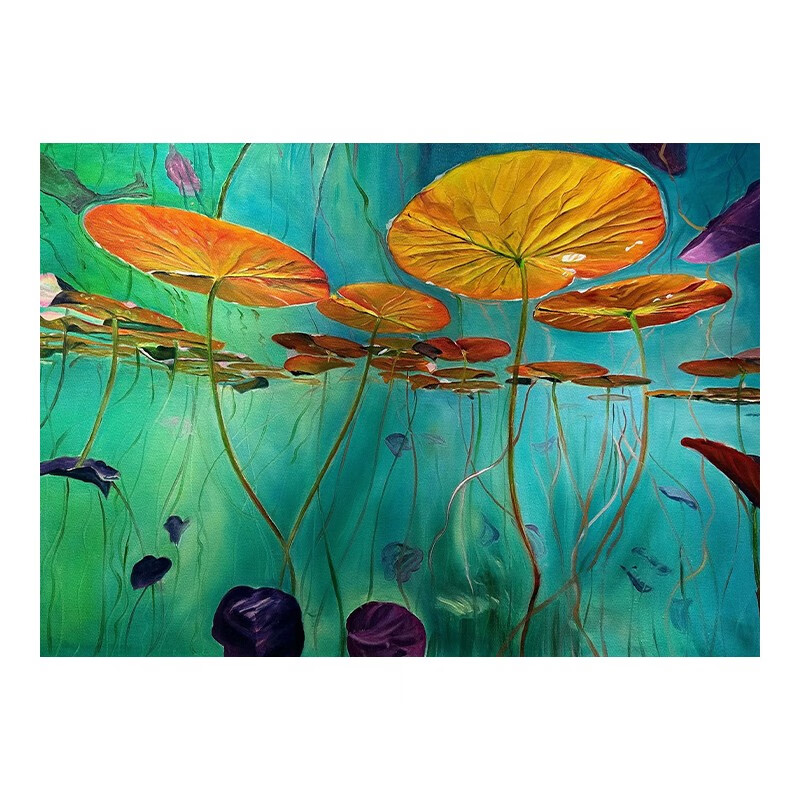 荷叶纯手绘油画小众抽象绿色装饰画客厅横幅肌理挂画 绿色复古荷花