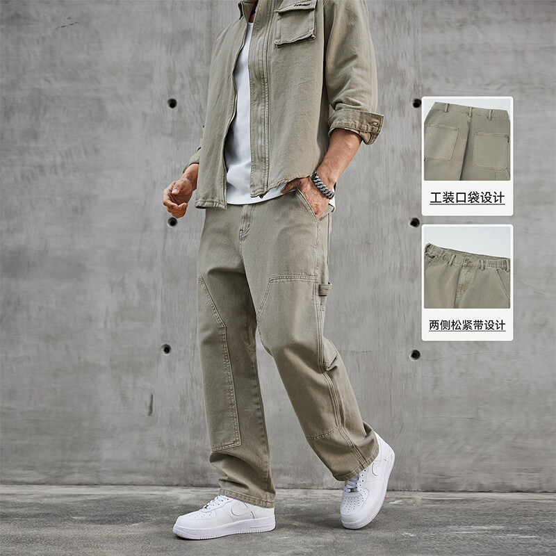 鹿家门春季工装风伐木裤男健身牛仔长裤运动阔腿裤大码宽松直筒裤 浅