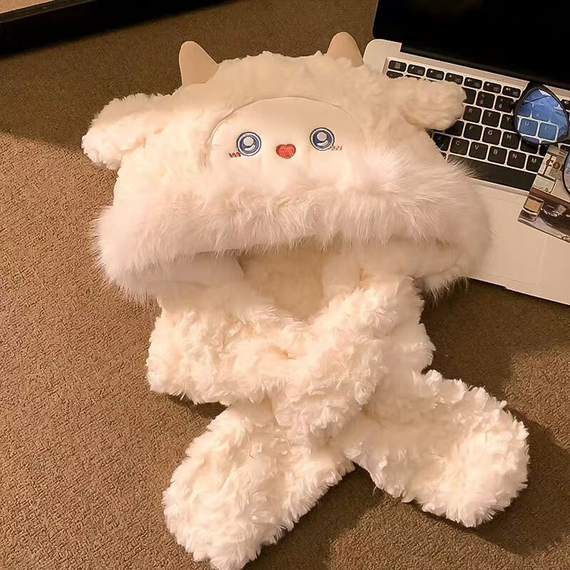 SKONWAT可爱卡通耳朵会动小羊加厚保暖毛绒帽子女冬季防寒护耳网红雷锋帽 白色【耳朵会动】