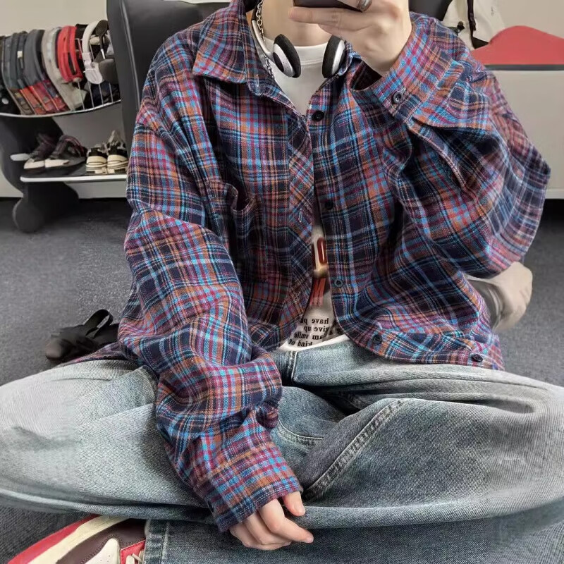 卡柏奇格子衬衫男秋冬长袖内搭衬衣复古慵懒外套 T02红色 M