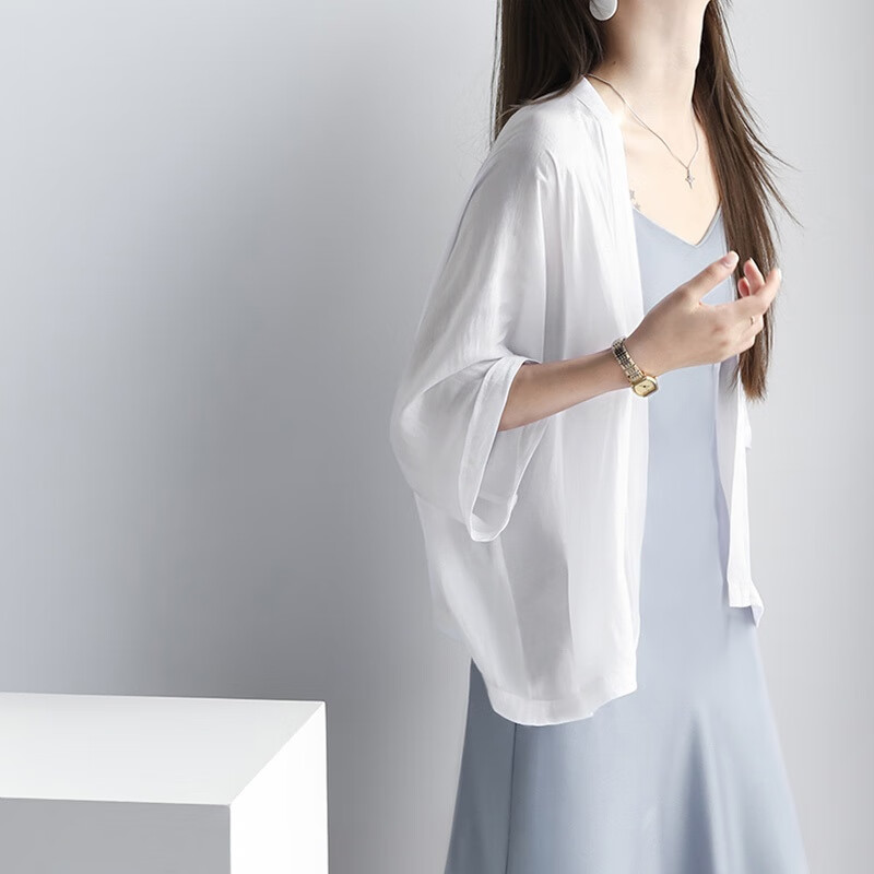 以舟真丝外搭开衫白色真丝外披质感女款法感小披肩薄款空调外套 白色