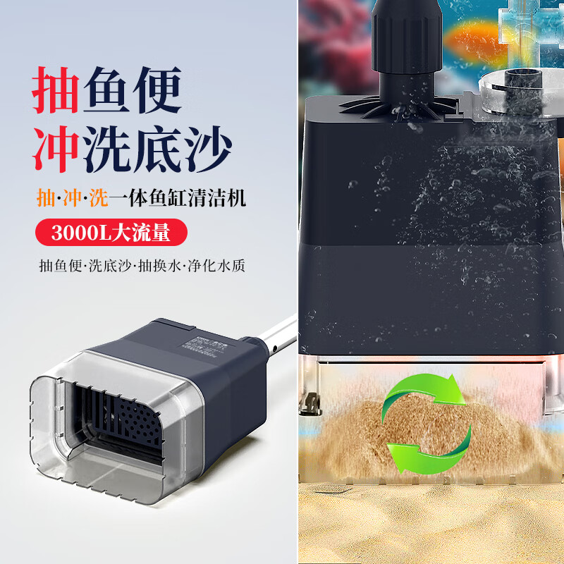 栗多鱼鱼缸换水神器吸鱼粪便吸污清洁洗沙器鱼缸清理换水一体电动抽水泵 60W透明款+3米水管+过滤芯+清洁布袋