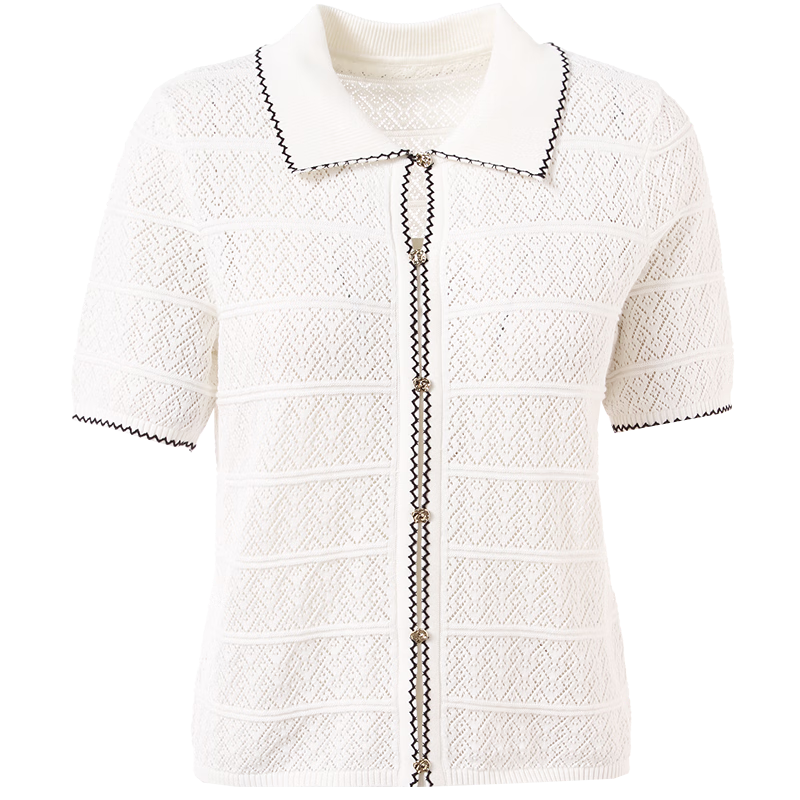 百图betu女装夏季新款毛针织衫翻领撞色边绣线镂空短袖女2407T07 米白 XS