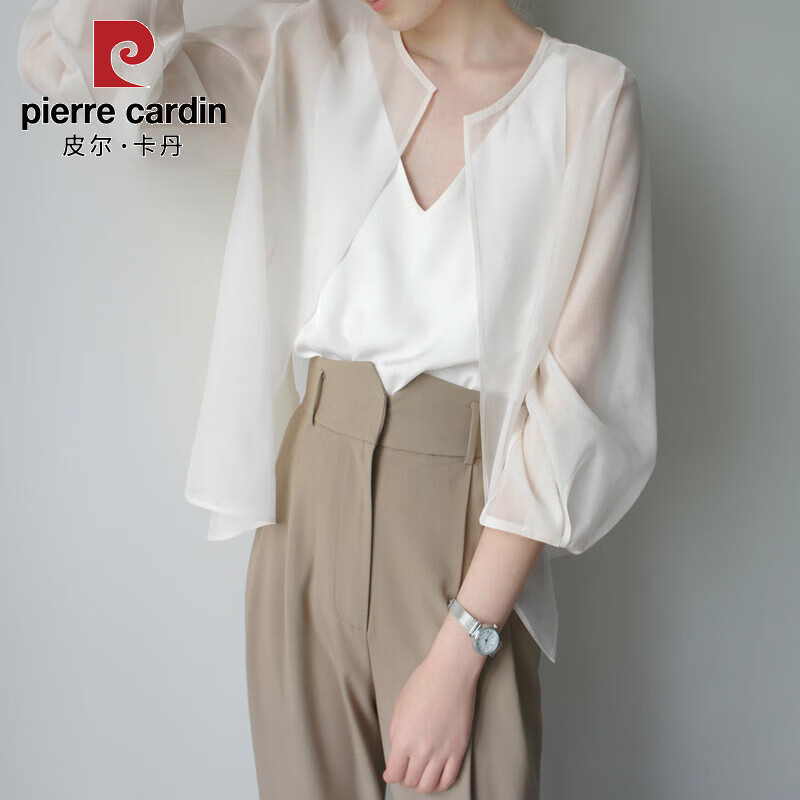 皮爾卡丹真·絲防曬衣女薄外套韓版復(fù)古時(shí)尚百搭歐根紗罩衫小披肩開(kāi)衫 白色 M