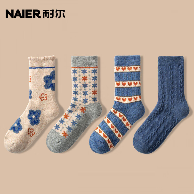 耐尔（NAIER）绵羊毛袜子女秋冬长袜加厚保暖复古百搭中筒袜ins潮堆堆袜 爆品-装复古花朵-绵羊羔毛袜 4双 均码 女_35-39(保暖羊羔毛袜_加购鎹运費险)