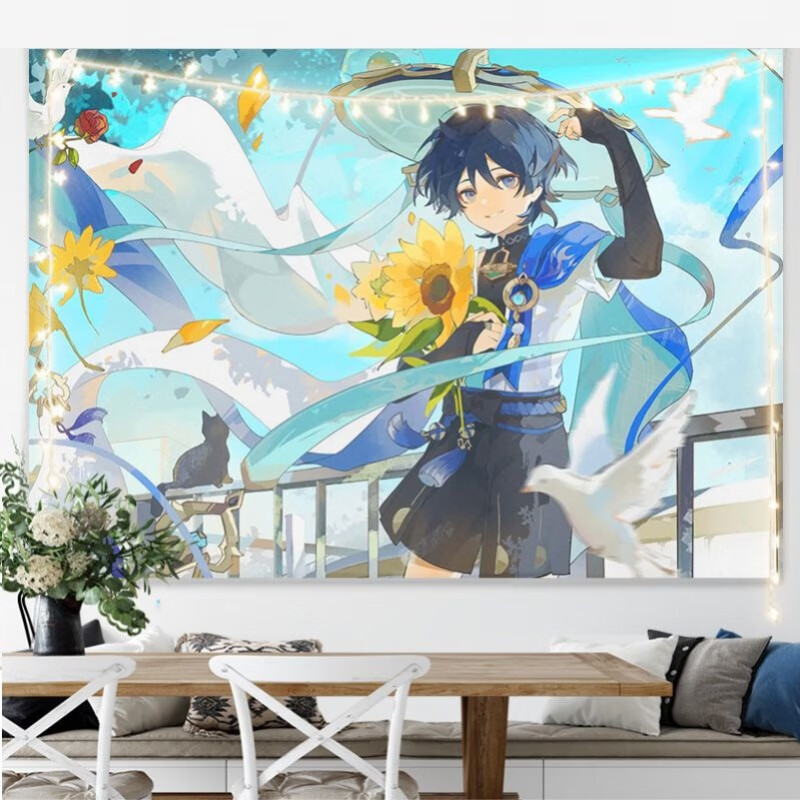 山头林村原神背景ins挂布 原神散兵周边背景布二次元卡通人物学生房间