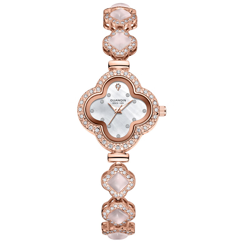 冠琴（GUANQIN）四叶草女士手表学生手链女表轻奢小众高级感手表女新年礼物送女友 玫白钢带/免费刻字/礼盒包装