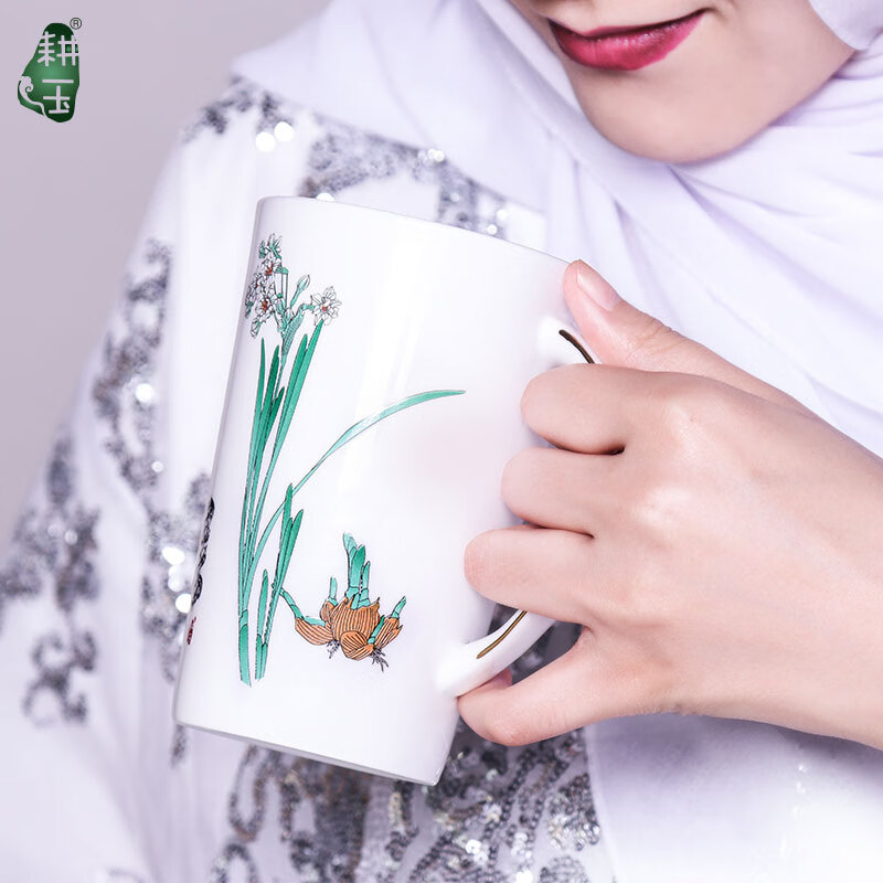 更羽回族用品 回民礼物 浮雕陶瓷杯 陶瓷马克杯 伴手礼 水仙彩釉陶瓷杯