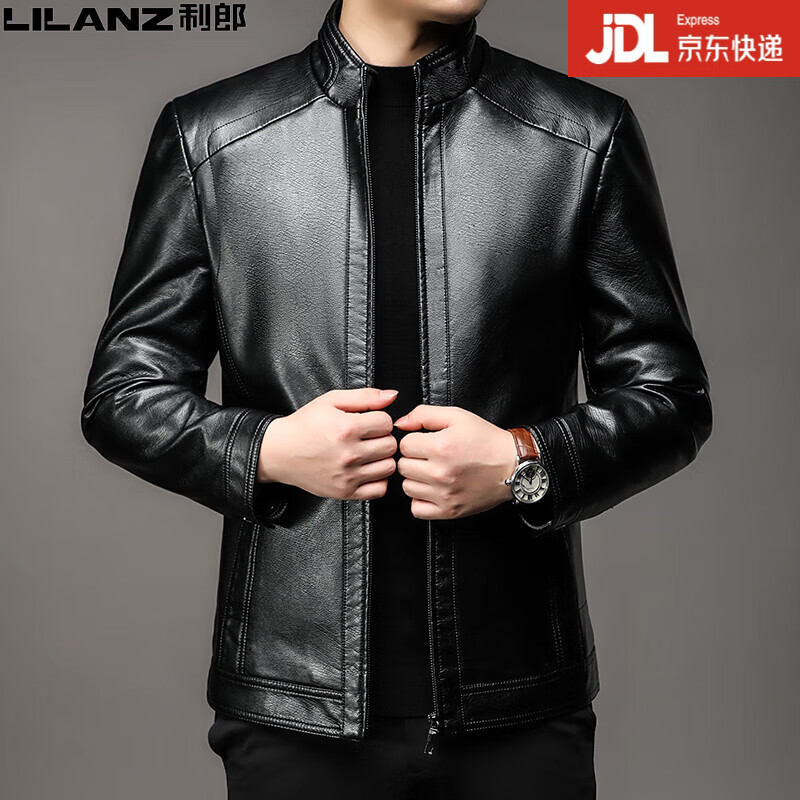 利郎 less is more利郎男装长袖真皮皮衣翻领秋冬新款中年爸爸加绒