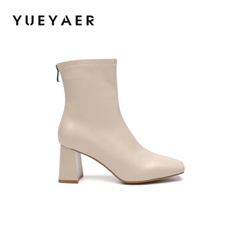 月芽儿时尚高跟时装靴女2025超火的靴子方头绒里高跟靴短靴瘦瘦靴 绒里米白色14T 35