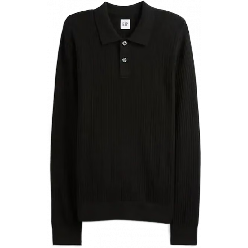 蓋璞(GAP)男士毛衣針織衫紋理棉POLO衫翻領(lǐng)秋冬季保暖打底衫美式休閑男裝 黑色 Black XS (適合胸圍89-91cm)