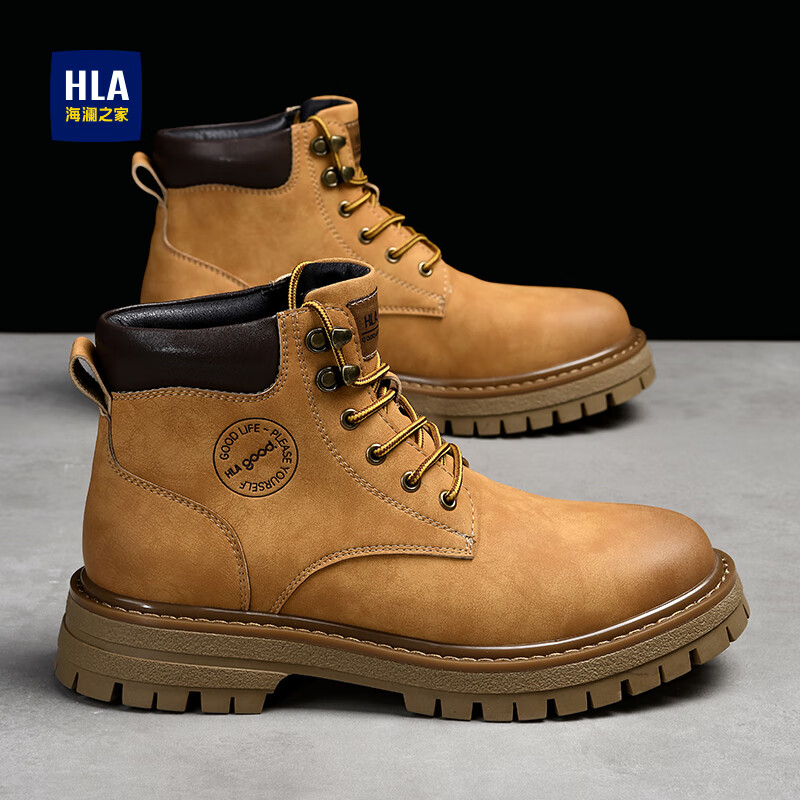 海澜之家马丁靴男潮流男鞋户外情侣款百搭防寒登山高帮工装大黄靴子男T121 土黄色-男款 39