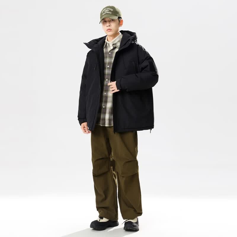 雪中飞新款情侣同休闲时尚连帽羽绒服男女款保暖通勤抽绳连帽 黑色|8056 4XL 190/104A