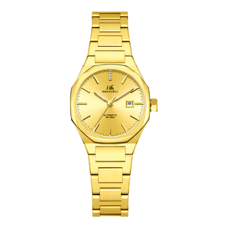 上海金表 男士機械手表純金999足金“黃金時(shí)代”父親禮物情侶手表6018 金耀表盤(pán)工字鋼帶 【君格女款】