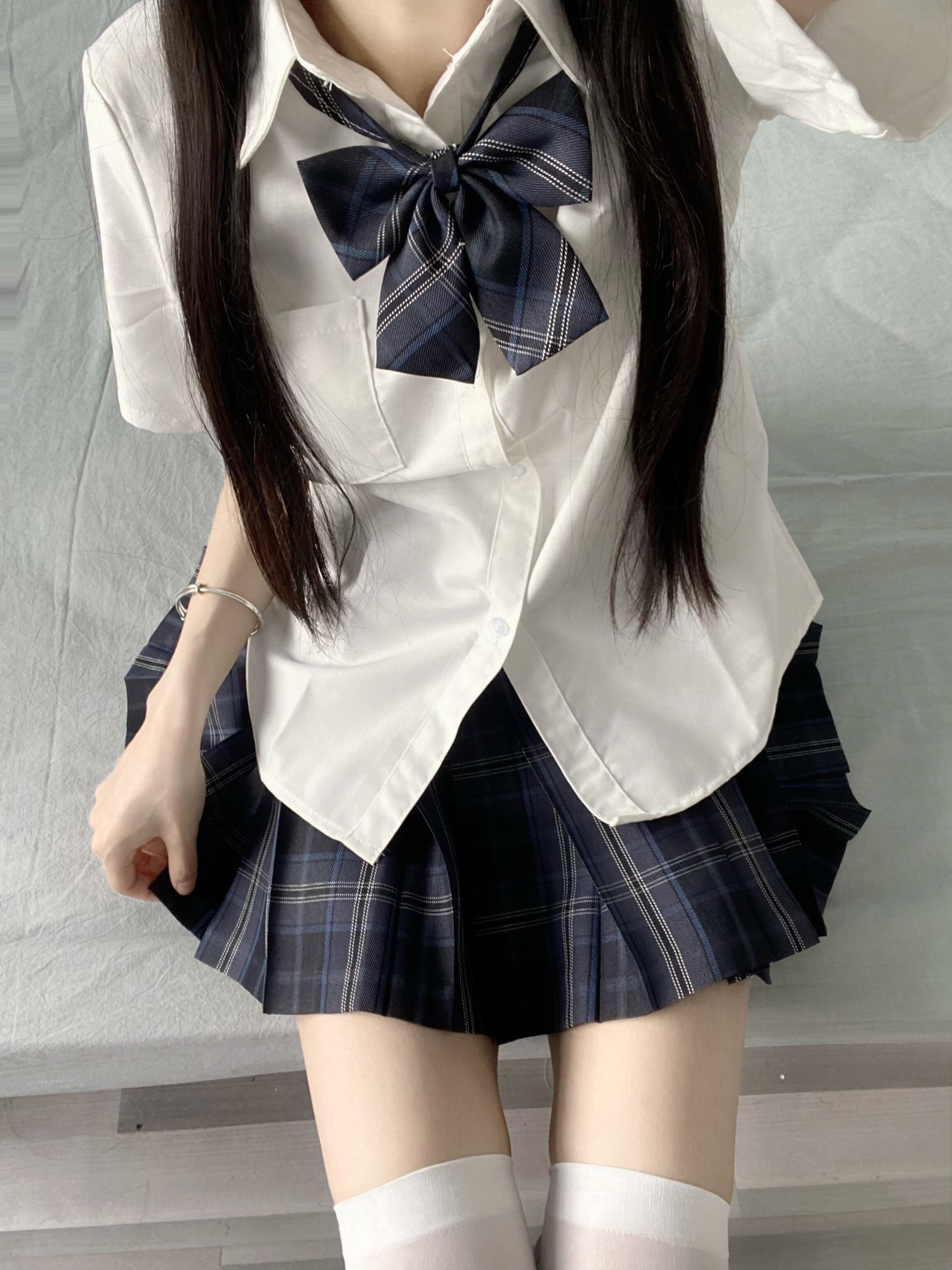 jk正版津川原创制服套装格裙校供感学院风短袖衬衫高腰百褶裙夏 飞机