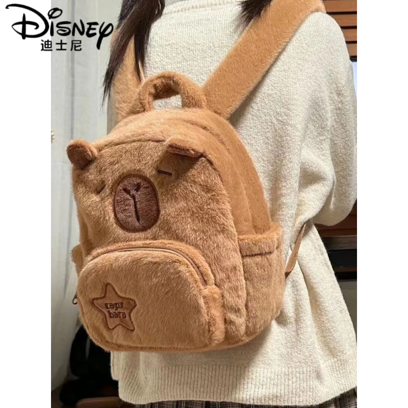 迪士尼（Disney）减负护脊卡皮巴拉毛绒水豚包包双肩女大容量新款2023秋冬可爱书包 水豚背包 35x30