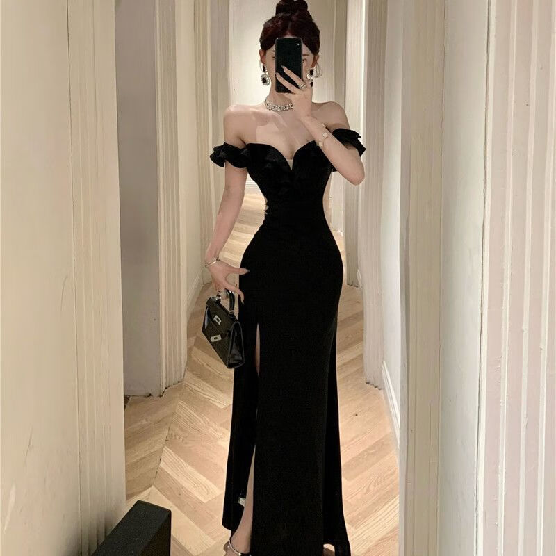 感成人礼生日宴会晚礼服长裙一字肩性感开叉显身材连衣裙 黑色礼服 s