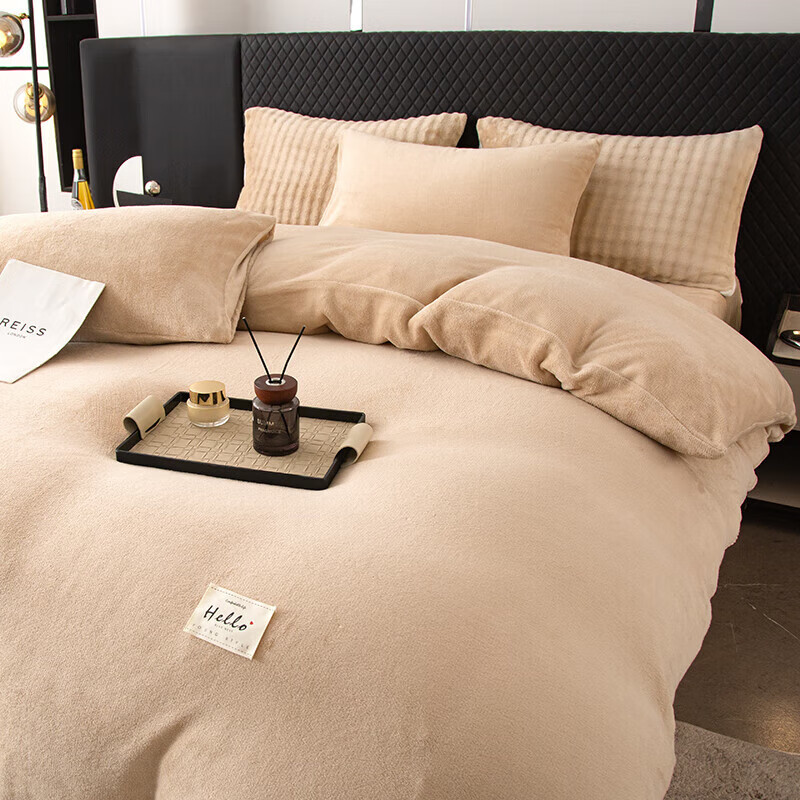 软贝简约轻奢牛奶绒床上四件套保暖毛绒床单被套学生宿舍秋冬款三件套 卡其 2.0m 床单款 (被套200*230cm) 四件
