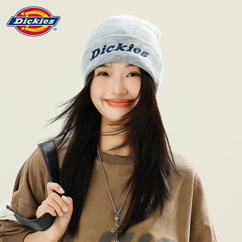 Dickies品牌保暖针织帽子秋冬季男士毛线帽女滑雪冷帽骑行防风防寒护耳帽 灰色男女情侣款【加绒款】 58CM（均码）