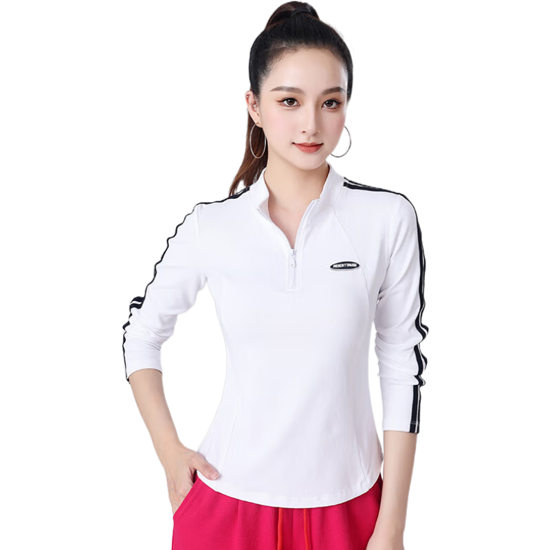 貝茲曼廣場舞服裝上衣女長袖健身運動服棉半拉鏈立領(lǐng)上衣春秋季新款 白色上衣 2XL (115斤-125斤)