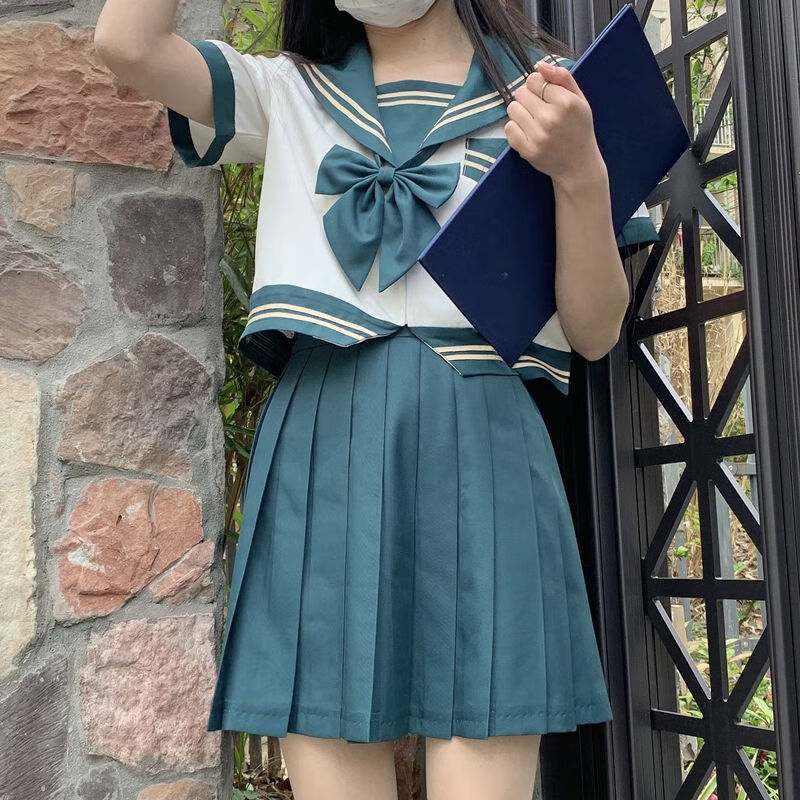 飘隐学院风jk制服【樱落花海】水手服校供感百褶裙套装两件套 xs 墨绿