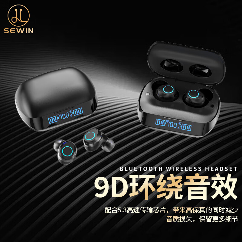 SEWIN蓝牙耳机无线HIFI高保真音质低延迟智能降噪长续航入耳式触摸控制轻盈小巧佩戴舒适 黑色 H66