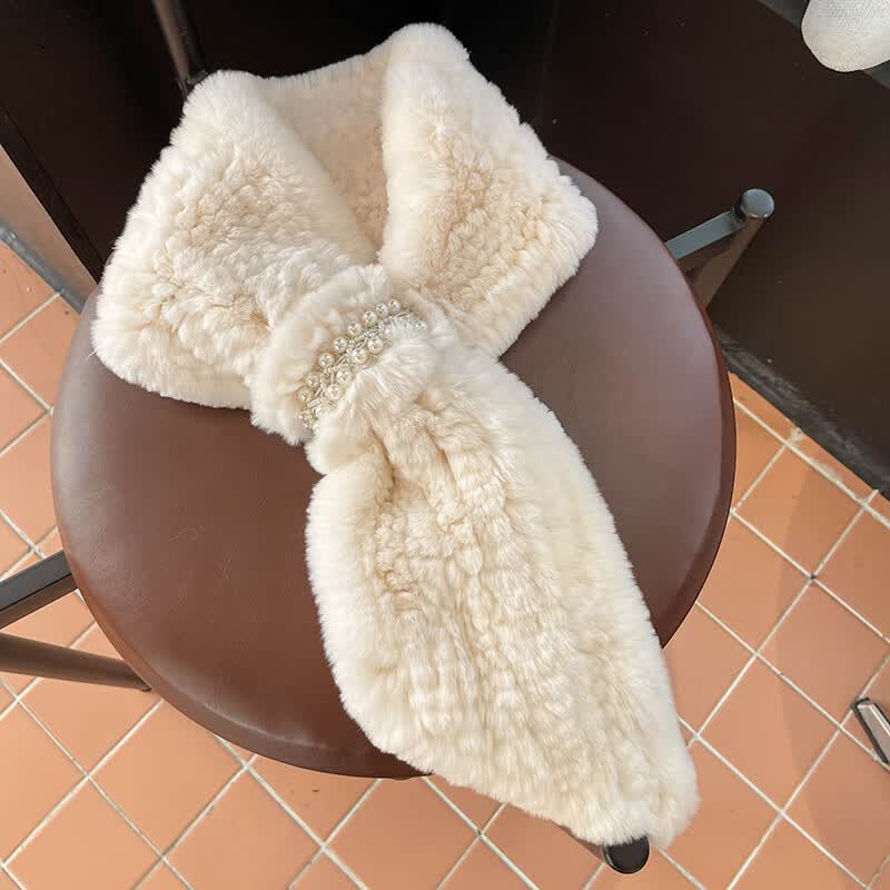 allfond新款皮草围巾 雷克斯兔毛双面编织小香风钉珠冬季保暖围脖女