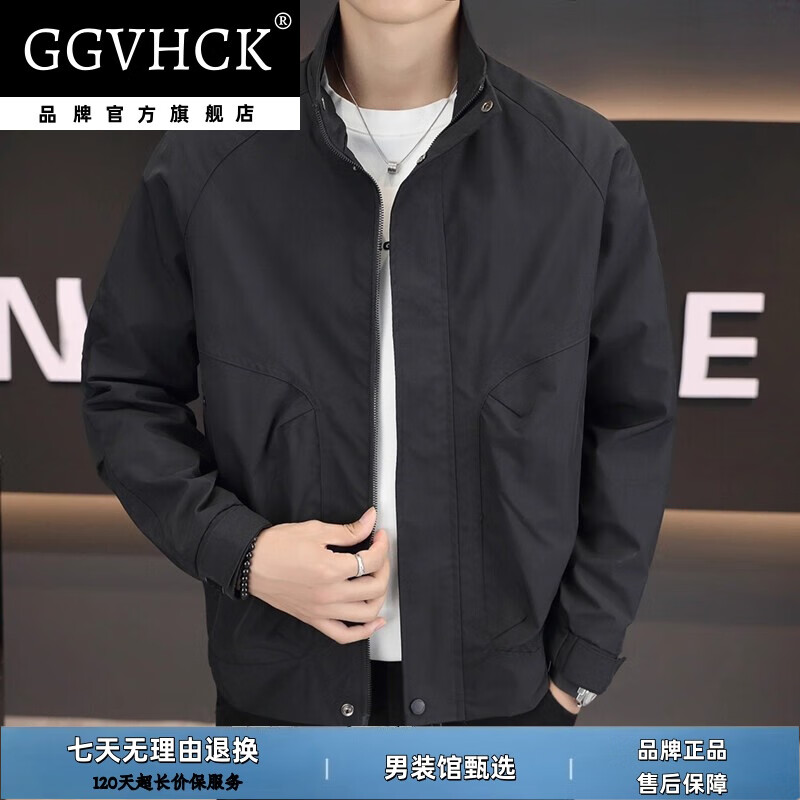 GG VH CK品牌轻奢夹克男士秋季新款立领简约商务休闲工装外套男装春秋款 黑色【加棉款】 4XL