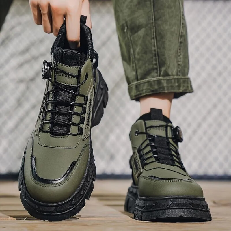【男神穿搭】2025秋季新款高帮潮鞋厚底增高防滑户外工装马丁靴wl 【加绒加厚】军绿色 41