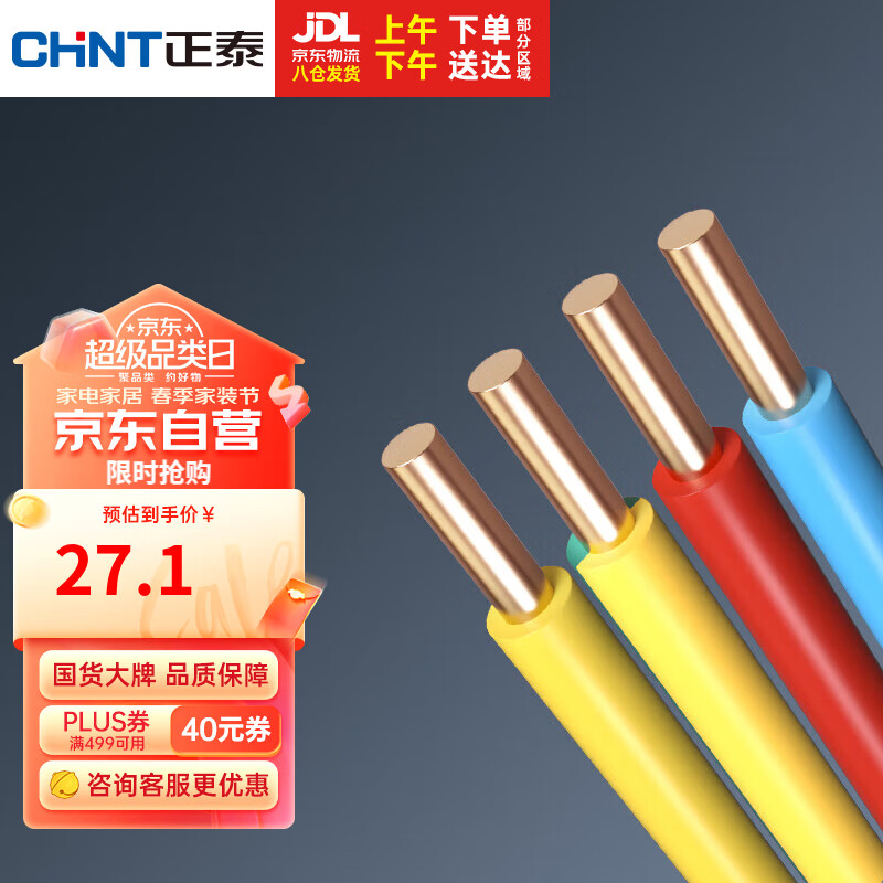 CHNT 正泰 电线电缆 BV2.5平方 双色单股地线 国标家装铜芯硬线 照明电源线10米
