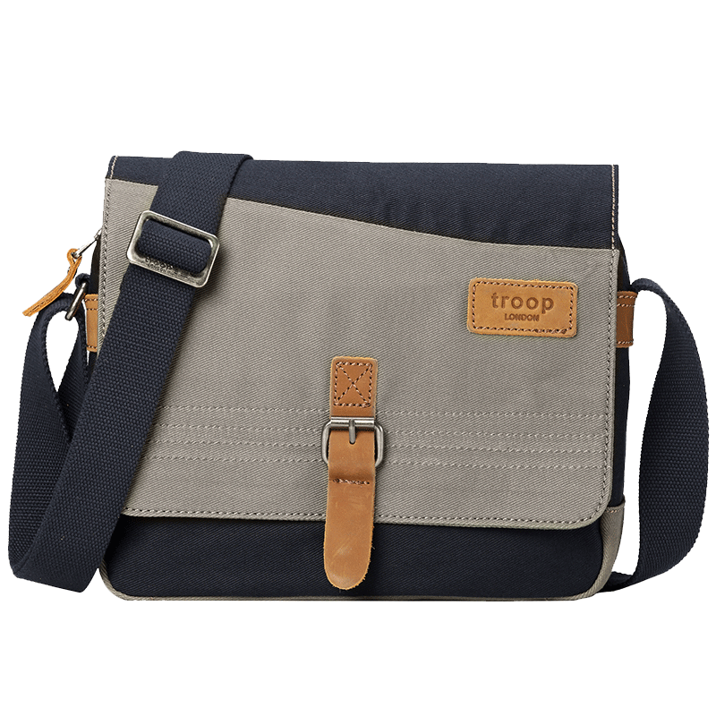 Troop單肩包男歐美帆布書(shū)包休閑單肩背包男士斜肩包男斜挎包潮包斜跨包 藍色小號TCC006-M