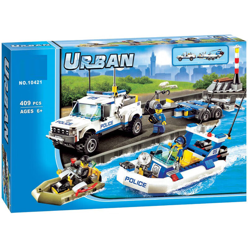 泰高乐(taigaole)乐高积木城市系列警察巡逻车快艇拖车60045战车船人