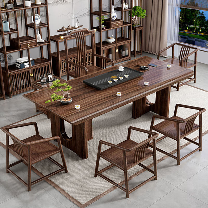 定舟乌金木实木茶桌椅组合一桌五椅原木茶几客厅家用办公室泡茶台茶桌 1.6米乌金木+1围椅4月牙椅+茶水柜