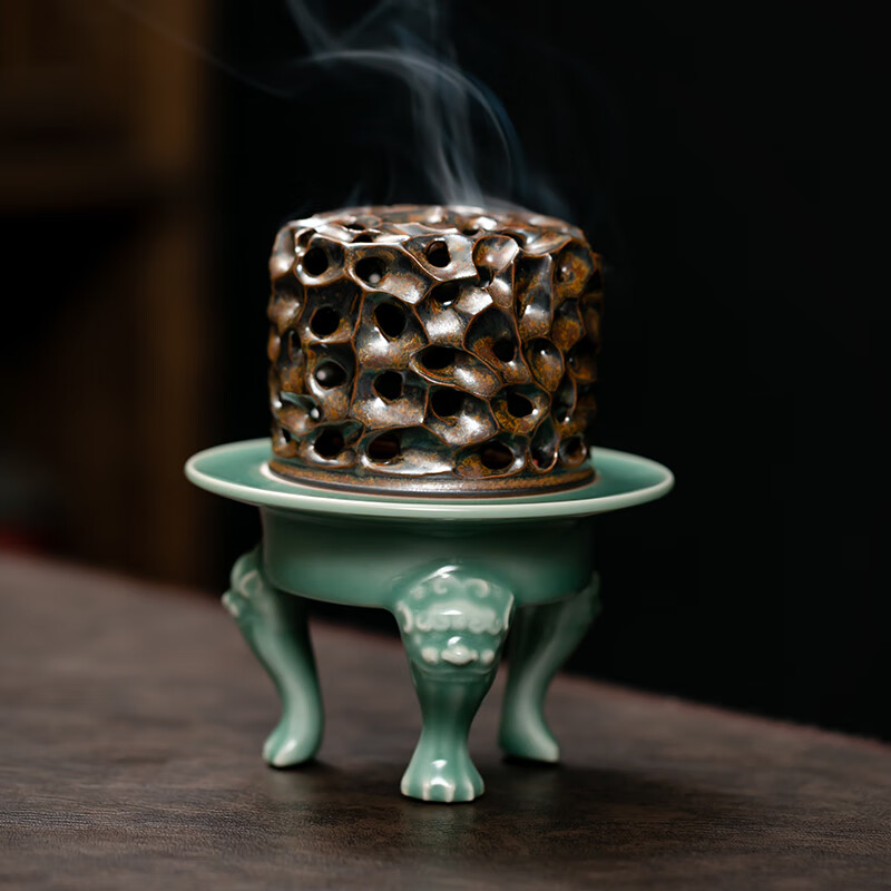 京峰阁 青瓷寿山石逸云香炉摆件 黄柯仿古全手工陶瓷盘香檀香沉香熏炉