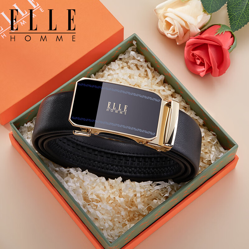 ELLE HOMME法国品牌男士皮带男真皮牛皮高档腰带自动扣生日礼物送男友老公 【专柜礼盒】902079A金色 115cm -130cm随机发（可指定/可修剪）