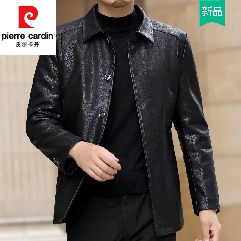 皮爾卡丹（pierre cardin）秋冬海寧真皮皮衣男中年加厚羽絨服男中老年頭層牛皮夾克爸爸外套 黑色-羽絨 XXL/185【體重160-180】