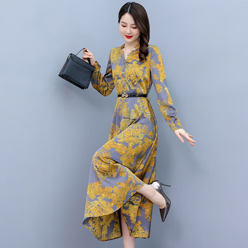 spraying连衣裙子女士春秋2023年新款v领高端长袖气质洋气收腰a字长裙