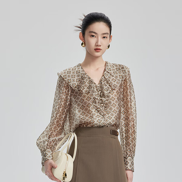 三彩秋女浪漫荷葉領(lǐng)直身幾何清涼透氣長袖襯衫S24311219C00 叢林綠幾何 S