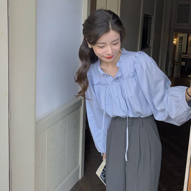 浅黛颜法式长袖衬衫女宽松2024春装新款设计感系带上衣复古木耳边衬衣