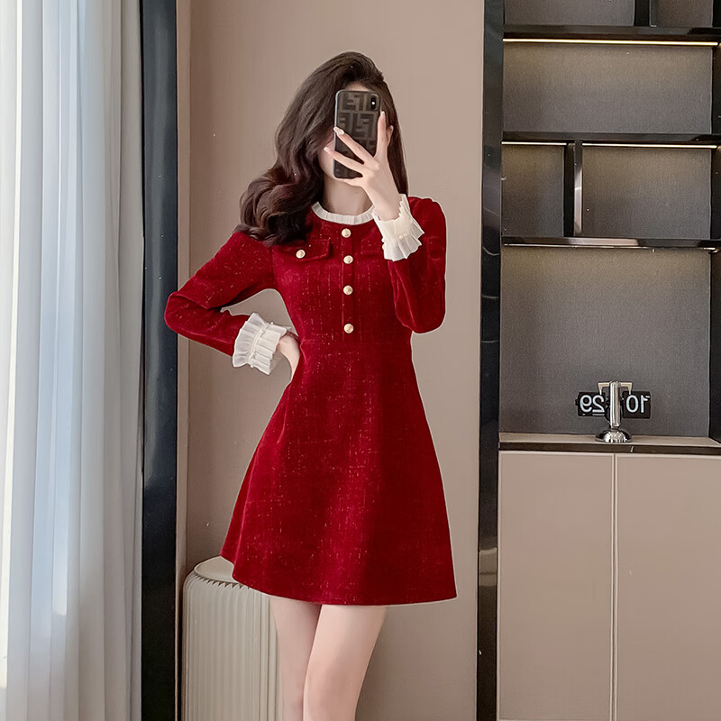 韩哚馨（HANDUOXIN）韩哚馨 2023年秋冬新款小香风红色短款连衣裙订婚礼服敬酒服 红色 L