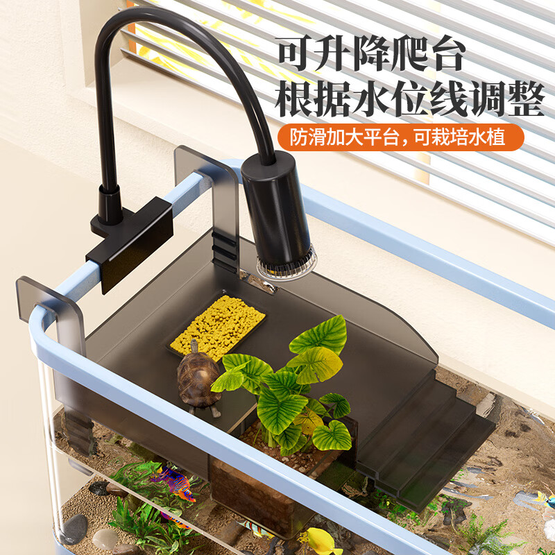 宠小岛鱼缸乌龟饲养缸鱼龟混养生态一体缸带晒台过滤制氧生态造景养龟箱 40中号蓝色【晒背造景套餐】