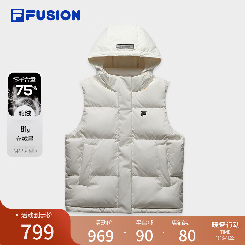 FILA FUSION斐乐潮牌羽绒马甲女2024冬新款休闲基础保暖连帽外套 云白色-WT 160/80A/S