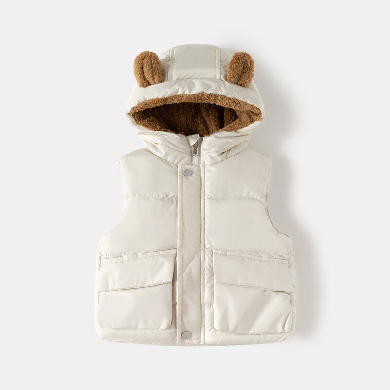 WELLKIDS秋冬儿童马甲连帽加厚男童外穿保暖坎肩女宝宝加绒马甲 白色 90