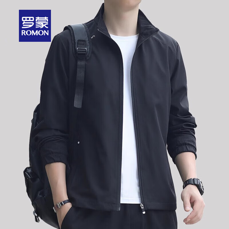 罗蒙（ROMON）夹克男士秋冬季加绒户外运动立领时尚潮流百搭休闲宽松外套男装 黑色 XL (126-140斤)