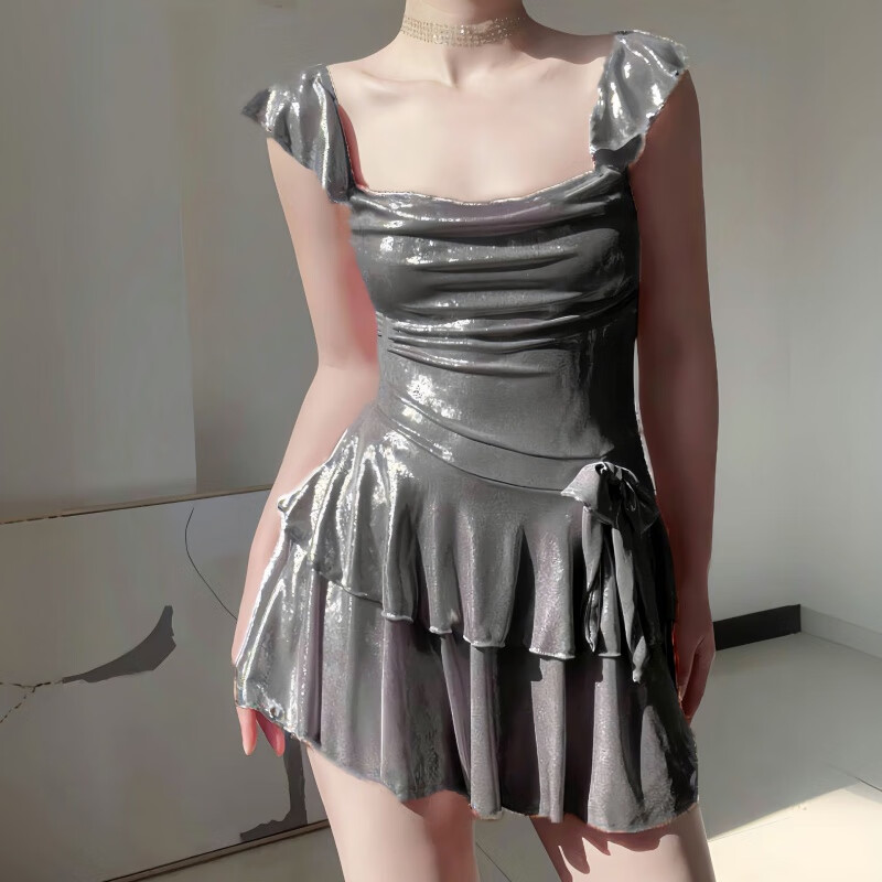 鸿思麟伊(hongsilinyi)镭射光比基尼泳衣女连体纯色法式细闪保守显瘦