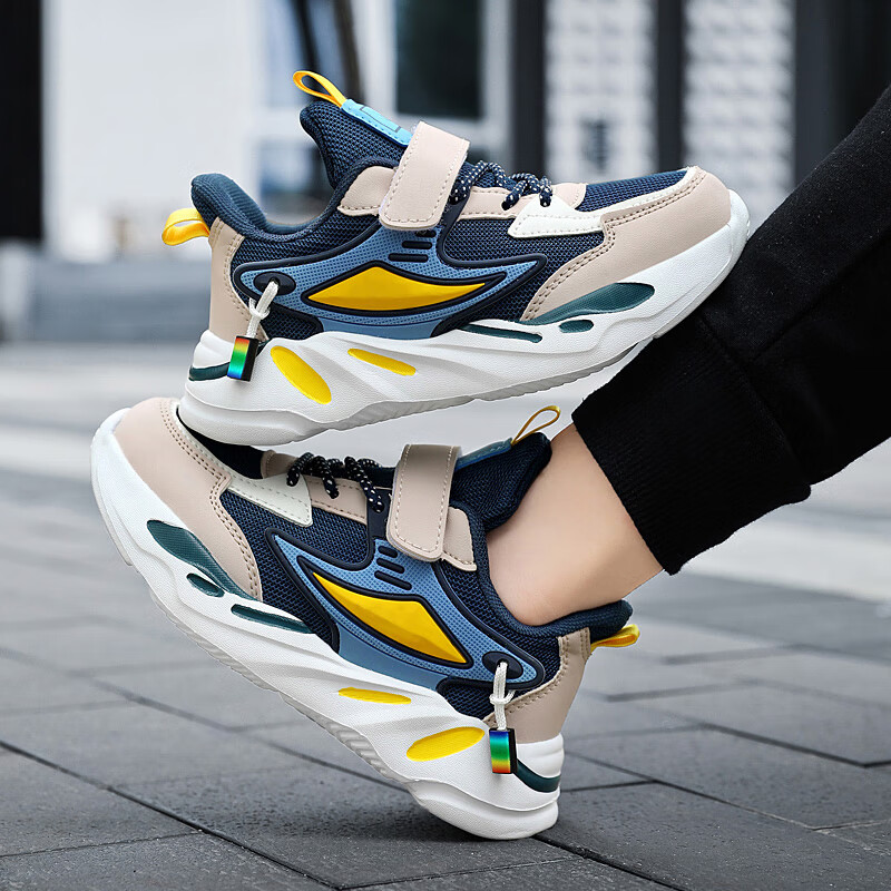 贝天熊童鞋春秋儿童运动鞋男女童轻便耐磨革面低帮鞋魔术贴网面运动鞋 YD1876深蓝【双网】 34 内长21.4/脚20.4