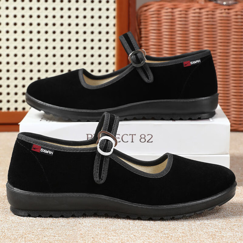 双星八特老北京布鞋女平绒一字带舒适妈妈鞋舞蹈防滑软底平底鞋酒店工作鞋 黑色 36