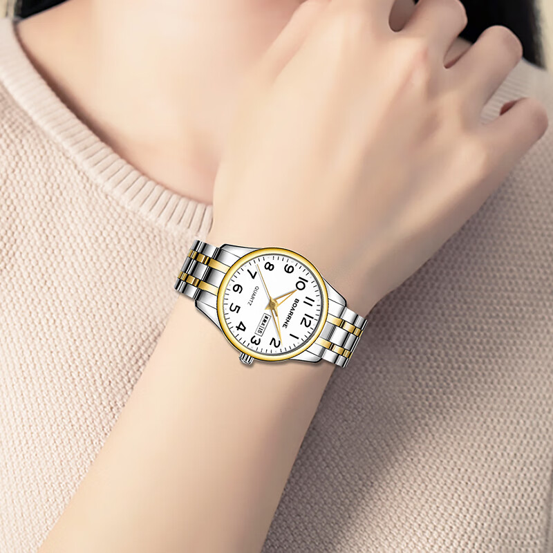 伯恩（BOARRNE）中老年老人手表男士女式大数字夜光电子防水表送爸妈爷爷新年礼物 809A金边钢带-日历-女表