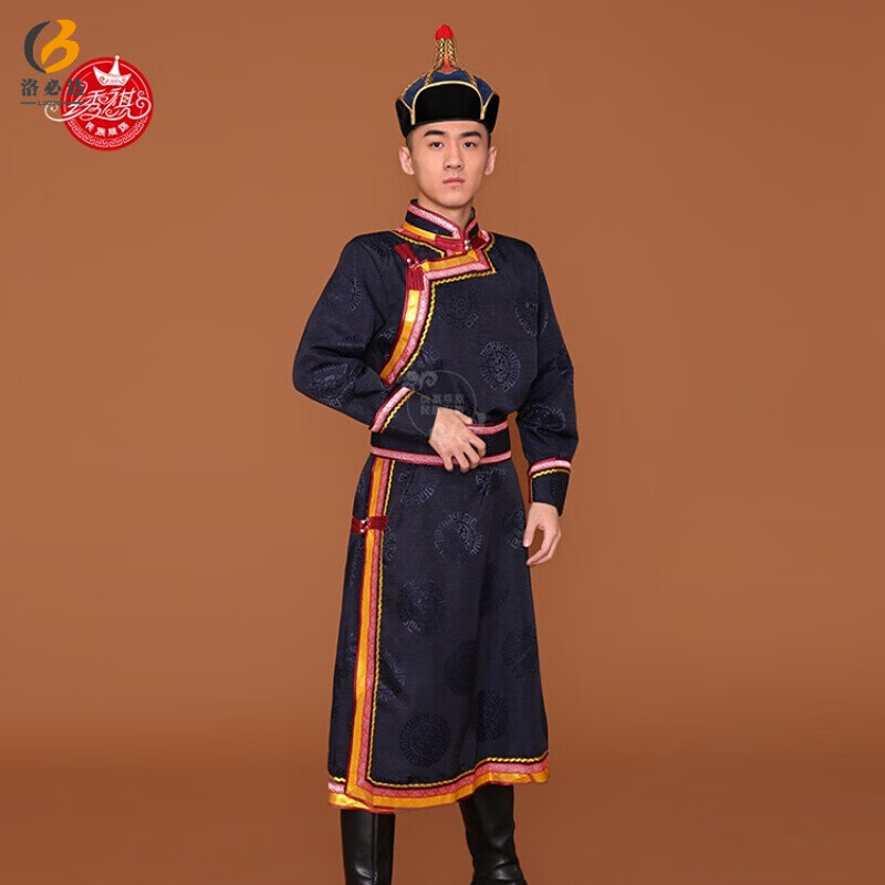 洛必达 男士蒙古袍日常装生活装新款秋季长款蒙古舞蹈演出服蒙古族日 黑色 L码